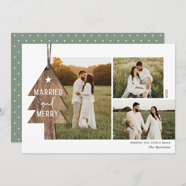 Rustic Wood Ornament Newlyows 3 Photo jul Julkort (Fram/baksida)