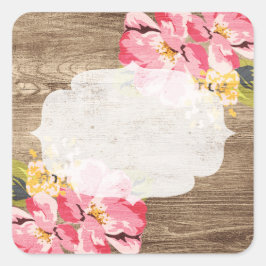 Rustic Wood & Painting Rosa Hibiscus Flower Land Fyrkantigt Klistermärke