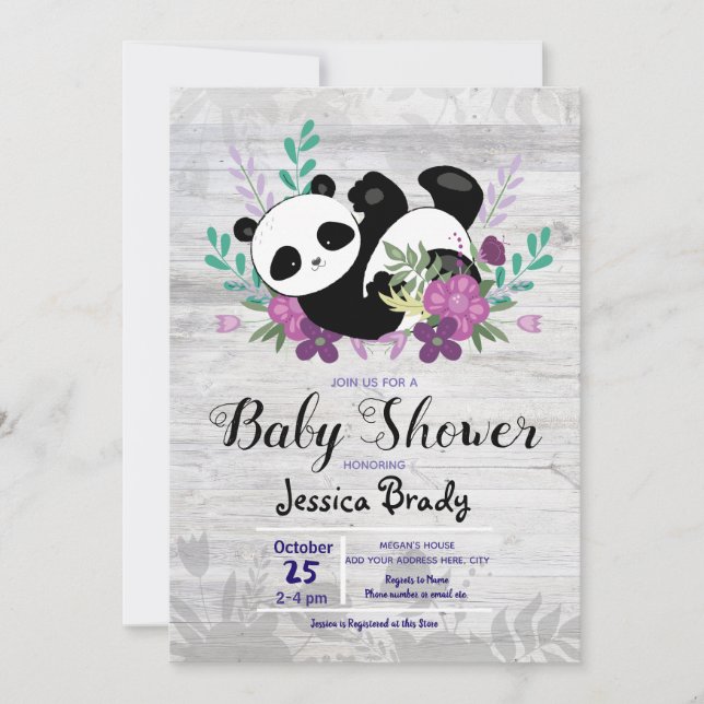 Rustic Wood Panda med Lila blommor Baby Shower Inbjudningar (Framsida)