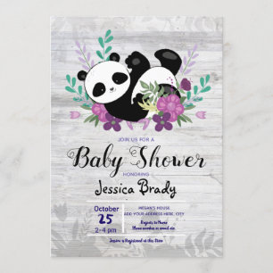 Rustic Wood Panda med Lila blommor Baby Shower Inbjudningar