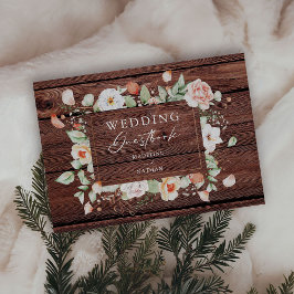 Rustic Wood & Peach Blommigt Bröllop Guest Bok