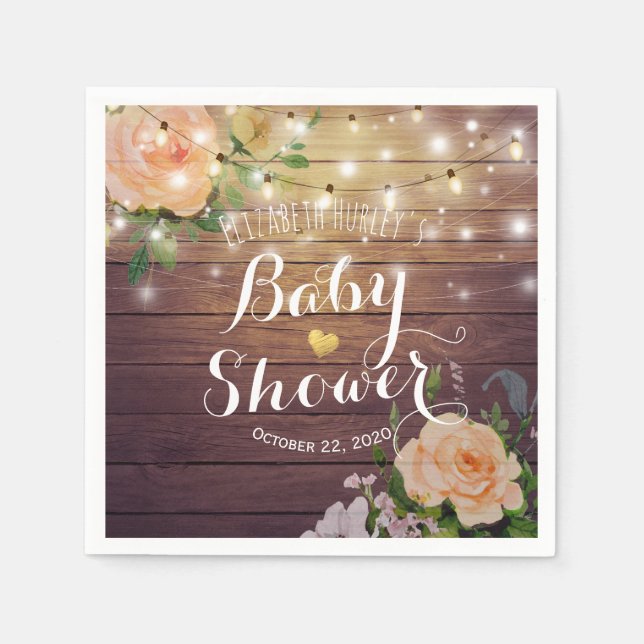 Rustic Wood Peach Blommigt String Ljus Baby Shower Pappersservett (Framsidan)