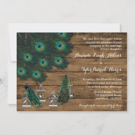 Rustic Wood Peacock Feather Wedding Investigations Inbjudningar