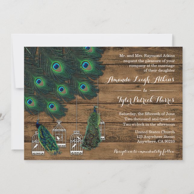 Rustic Wood Peacock Feather Wedding Investigations Inbjudningar (Framsida)