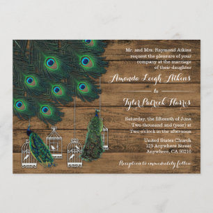 Rustic Wood Peacock Feather Wedding Investigations Inbjudningar