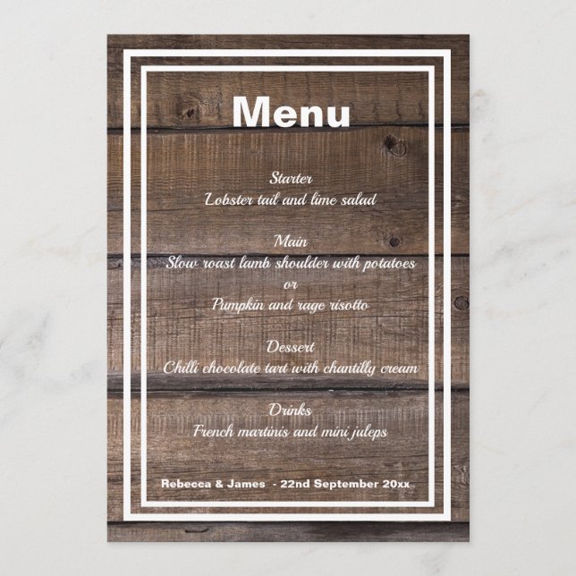Rustic Wood Personlig Bröllop Menu Meny (Framsida)