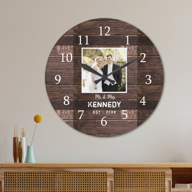 Rustic Wood Personlig Photo Bröllop-årsdag Stor Klocka (Rustic Wood Personalized Photo Wedding Anniversary Large Clock)