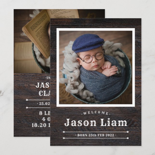 Rustic Wood Photo Anpassningsbar Cowboy Newborn Bo Meddelande (Fram/baksida)