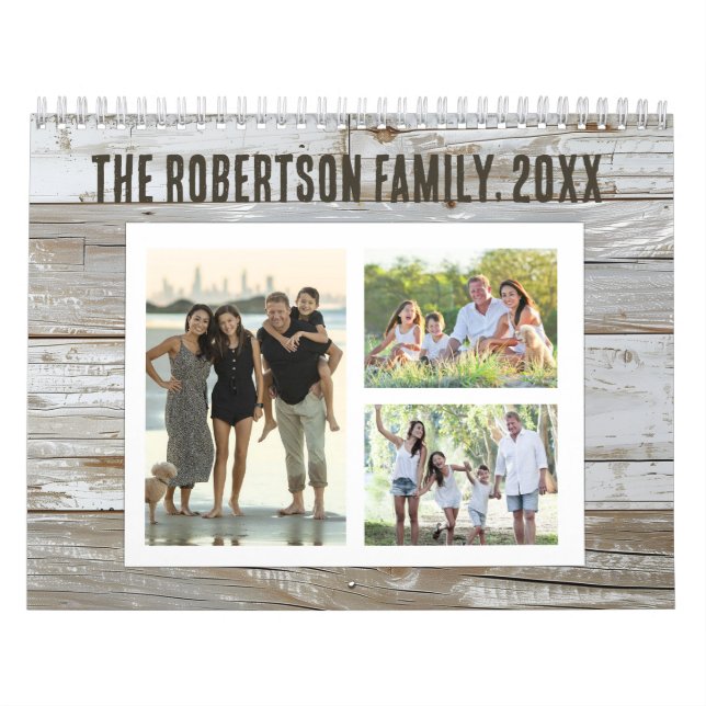 Rustic Wood Photo Collage 36-Image Family Kalender (Omslag)