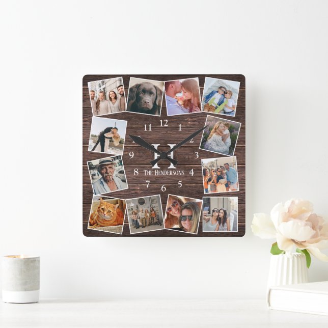 Rustic Wood Photo Collage Monogram Skapa din egen Fyrkantig Klocka (Hem)