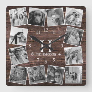 Rustic Wood Photo Collage Monogram Skapar ditt ege Fyrkantig Klocka