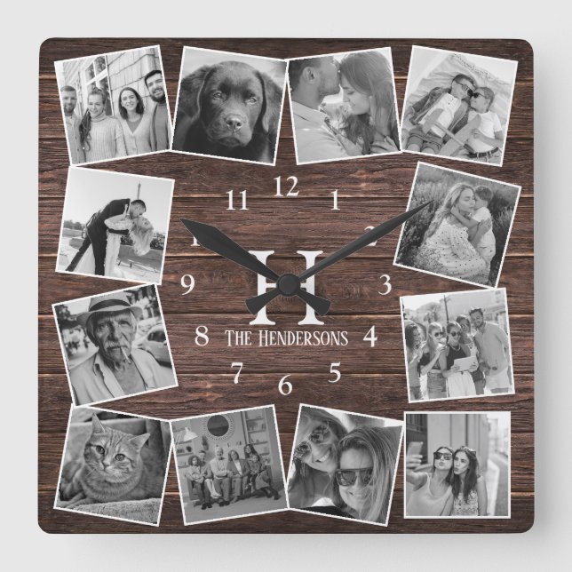 Rustic Wood Photo Collage Monogram Skapar ditt ege Fyrkantig Klocka (Framsida)