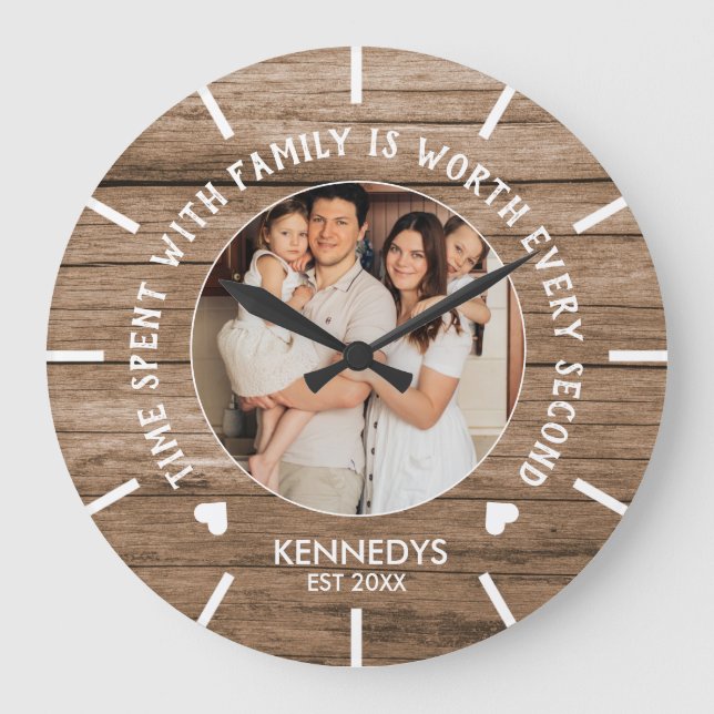 Rustic Wood Photo Family Namn citerar stort klocka (Framsida)