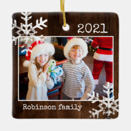 Rustic Wood Photo Gräns White Snöflingor Helgdag Julgransprydnad Keramik