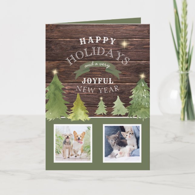 Rustic Wood Photo Pawlidays Hund Cat Pet-jul Helgkort (Framsida)
