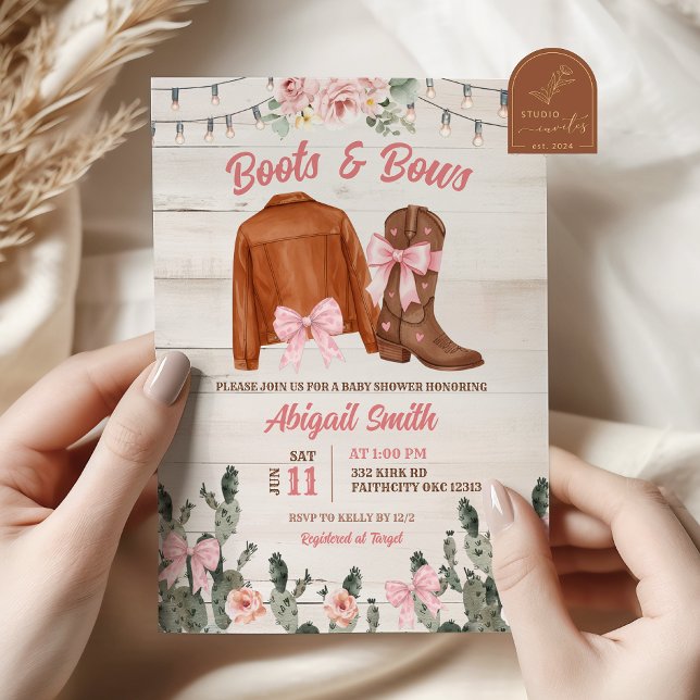 Rustic Wood Pink Boots and Bows Baby Shower Inbjudningar (Skapare uppladdad)