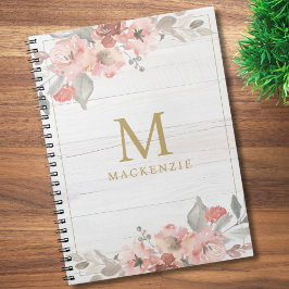 Rustic Wood Pink Floral Watercolor Monogram Anteckningsbok