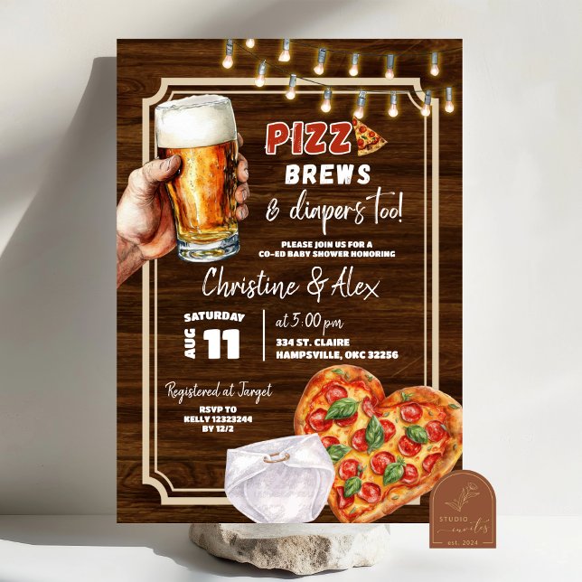 Rustic Wood Pizza Brew och blöjor också Baby Showe Inbjudningar (Skapare uppladdad)