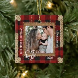 Rustic Wood Plank Plaid First Christmas Family Julgransprydnad Keramik