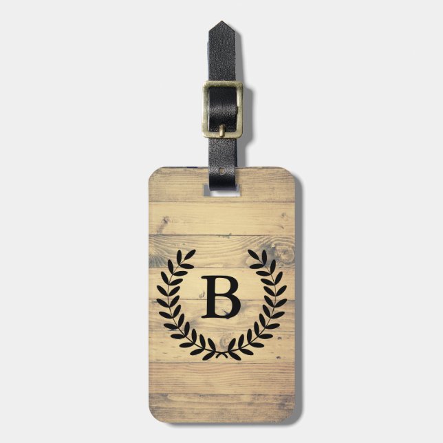 Rustic Wood Planks Black Laurels & Initial Brev Bagagebricka (Vertikal Framsida)