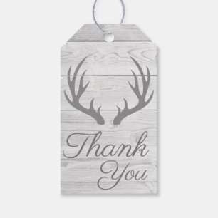 Rustic Wood Planks Grått Hjort Antlers Tack Presentetikett