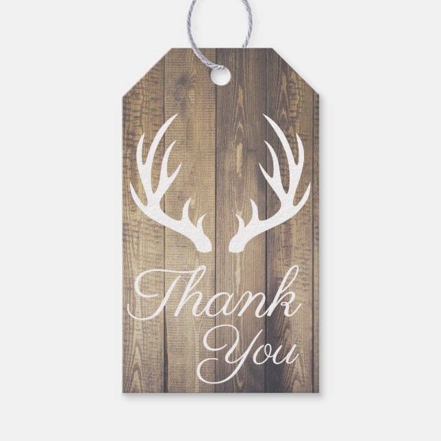 Rustic Wood Planks White Hjort Antlers Tack Presentetikett (Framsidan)