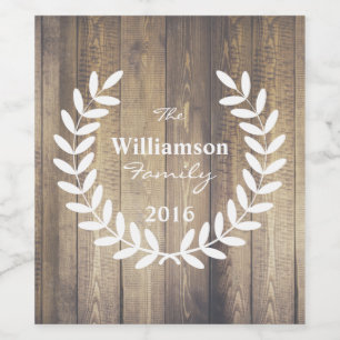Rustic Wood Planks White Laurels - Personlig Vinflaska Etikett