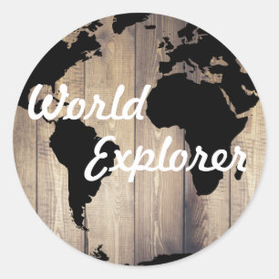 Rustic Wood Planks World Map Exploration Runt Klistermärke