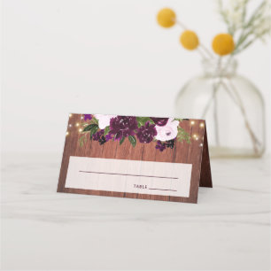 Rustic Wood Plum Blommigt String Ljus Bröllop Placeringskort