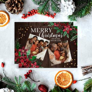 Rustic Wood Poinsettia Floral Confetti Christmas Julkort