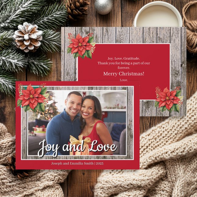 Rustic Wood Poinsettia Red Family Photo Julkort (Red rustic wood and poinsettias photo "Joy and Love" Christmas card)