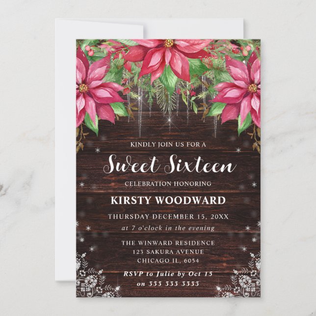Rustic Wood & Poinsettia Sweet Sixteen Inbjudningar (Framsida)
