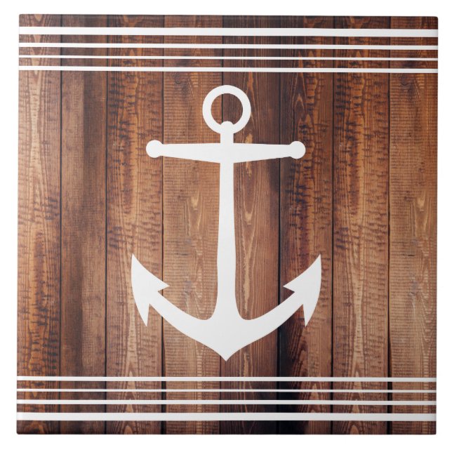 Rustic Wood Print & White Nautical Anchor Kakelplatta (Framsidan)