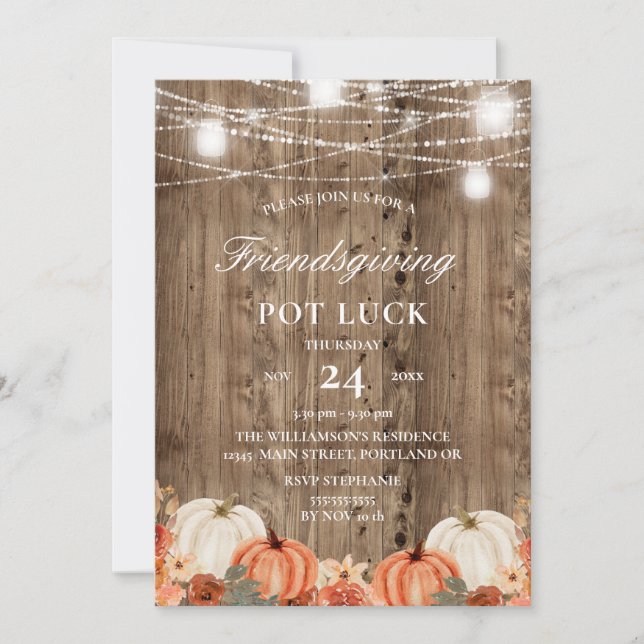 Rustic Wood Pumpkin Blommigt Friendsgiving Pot Tur Inbjudningar (Framsida)