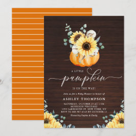 Rustic Wood Pumpkin och Solros Fall Baby Shower Inbjudningar