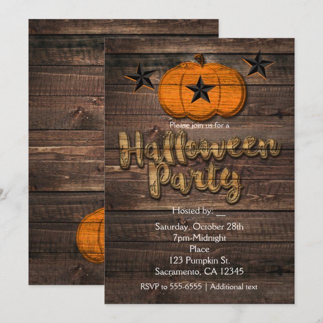 Rustic Wood Pumpkin & Stars Halloween-inbjudningar Inbjudningar (Fram/baksida)