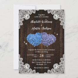 Rustic Wood Purple and Blue Floral Hearts Wedding Inbjudningar