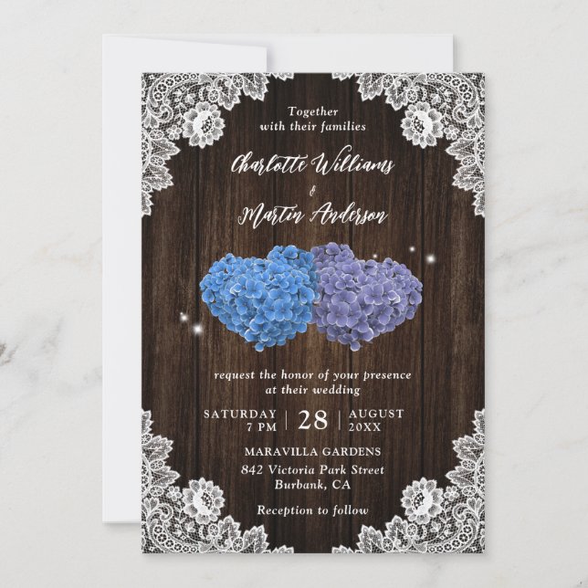Rustic Wood Purple and Blue Floral Hearts Wedding Inbjudningar (Framsida)