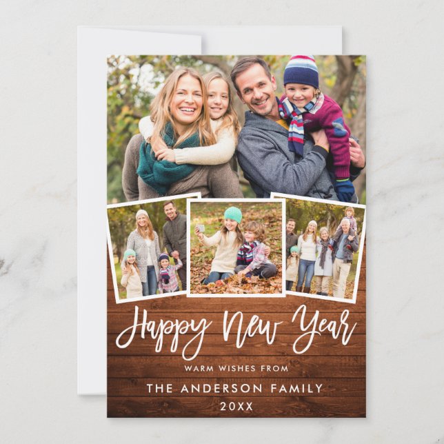 Rustic Wood Push Script 4 fotonytt år Julkort (Framsida)