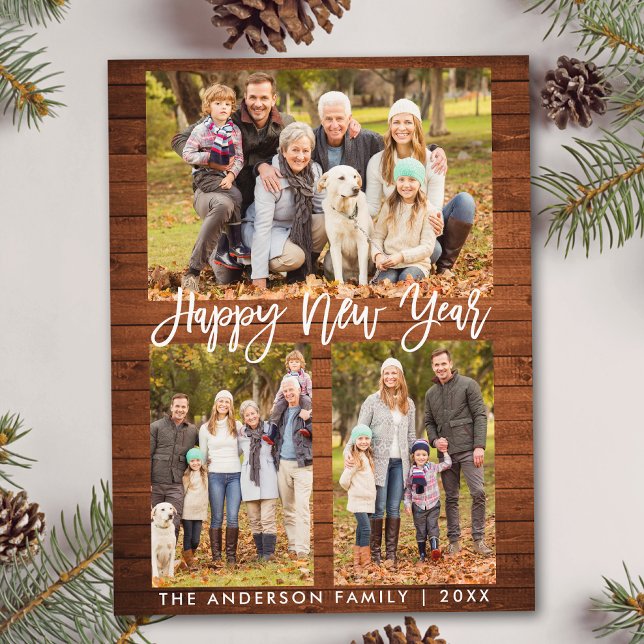 Rustic Wood Push Script Family 3 - nytt fotoår Vykort (Customize to change your personalized text size or text style.)