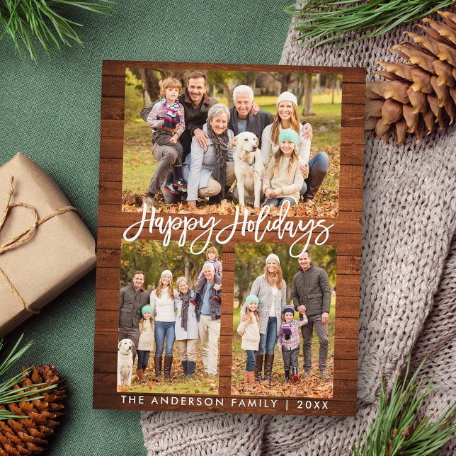 Rustic Wood Push Script Family 3 Photo Helgdagars Vykort (Customize to change your personalized text size or text style.)