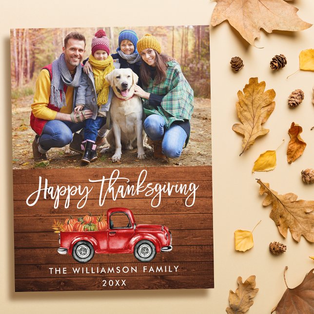 Rustic Wood Push Script Thanksgiving Red Lastbil Vykort (Customize to change your personalized text size or text style.)