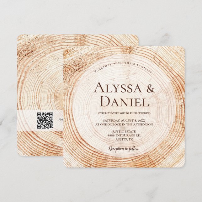 Rustic Wood QR bröllop webbplats Inbjudningar (Fram/baksida)