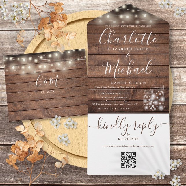 Rustic Wood QR Code Mason Burk Ljus Bröllop (Rustic Wood QR Code Mason Jars Lights Wedding All In One Invitation)