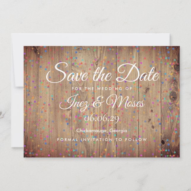 Rustic Wood Rainbow Confetti Spara datumet Inbjudningar (Framsida)