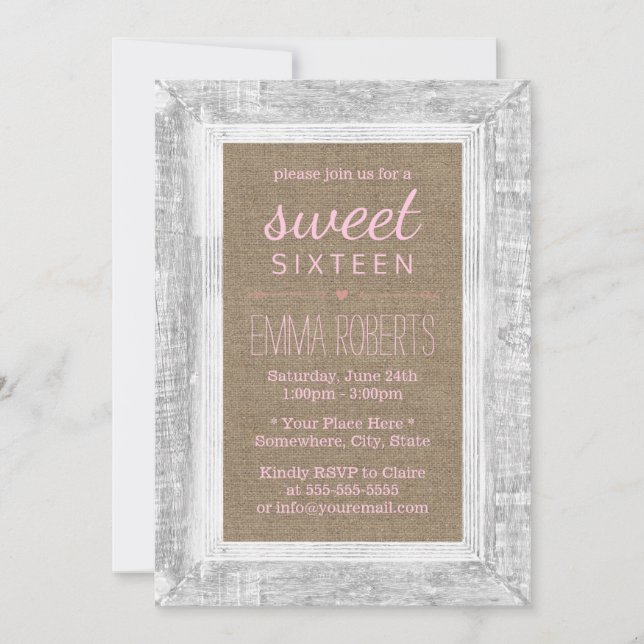Rustic Wood Ram Burlap Sweet 16 Rosa Birthday Inbjudningar (Framsida)