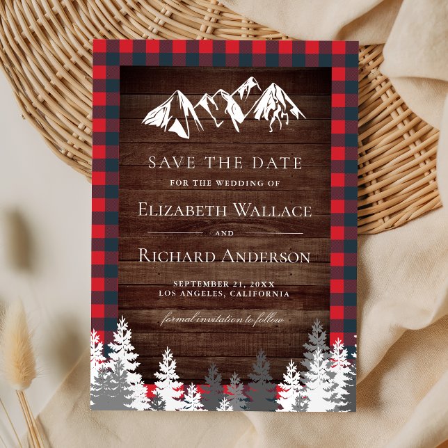 Rustic Wood Red Buffalo Plaid Mountain Wedding Spara Datumet (Skapare uppladdad)