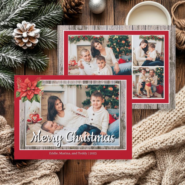 Rustic Wood Red Family 4 Photo God jul Julkort (Red and rustic wood, 4-photo "Merry Christmas" greeting card)