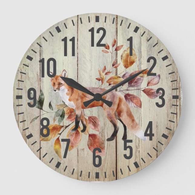 Rustic Wood Red Fox Fall Foliage Stor Klocka (Framsida)