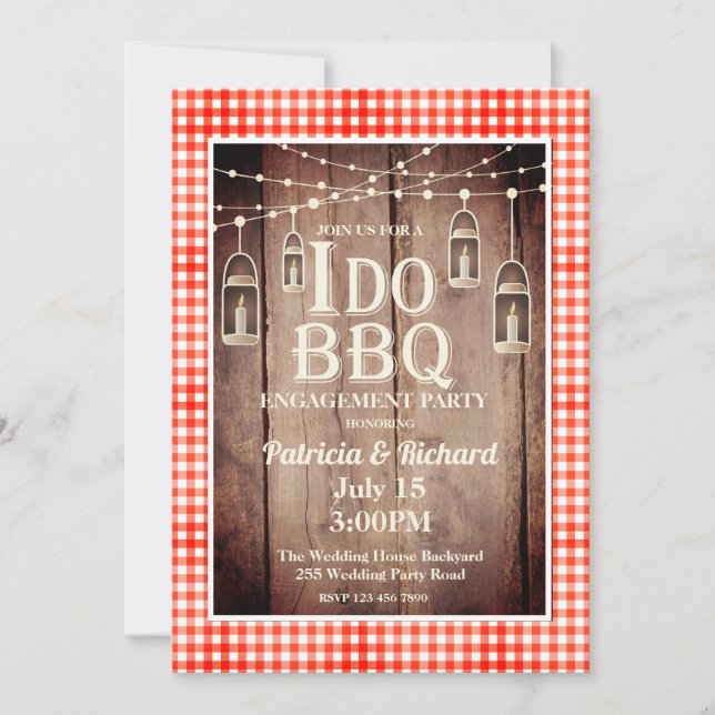 Rustic Wood Red Gingham I Do BBQ Förlovning Inbjudningar (Framsida)